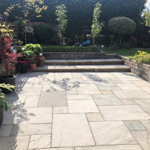 Indian Sandstone Patio with Treated Sleepers in Bishopsworth, Bristol