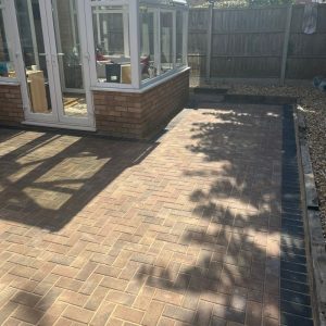 Patio with Curragh Gold Block Paving in Longwell Green, Bristol