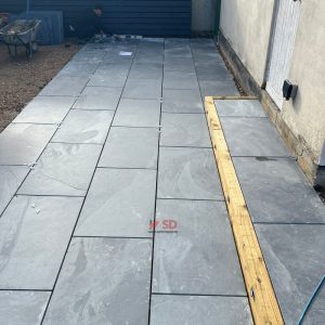 Patio with Slate Tiles and Railway Sleepers in Patchway, Bristol